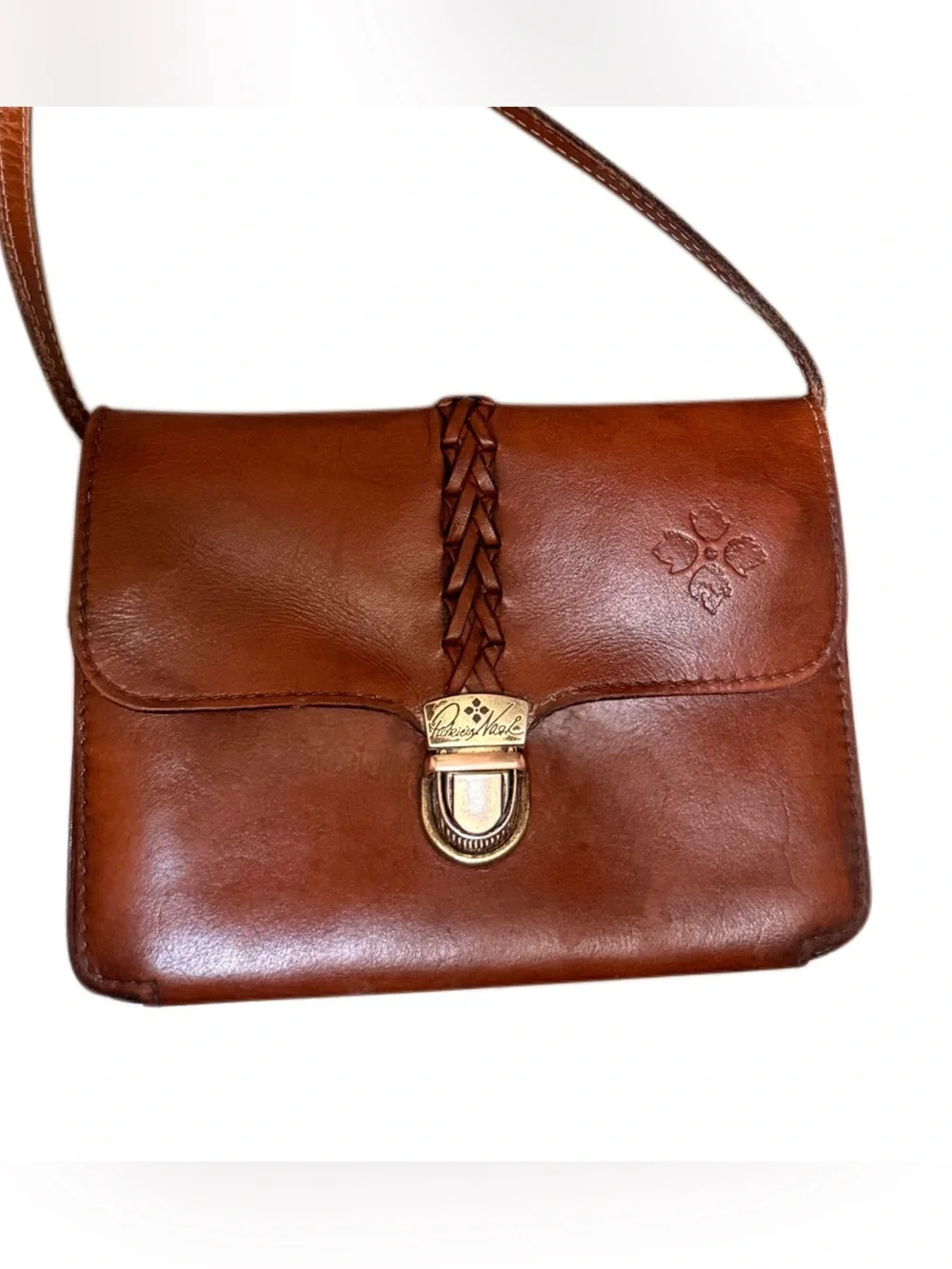 Patricia Nash Brown Leather Crossbody Bag with Gold Clasp and Braided Detail